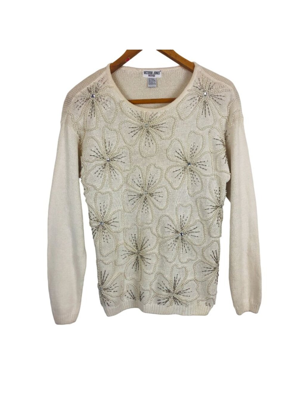 Victoria Jones Knit Vtg Sweater Petite Medium Crewneck Floral Faux Pearl Beaded